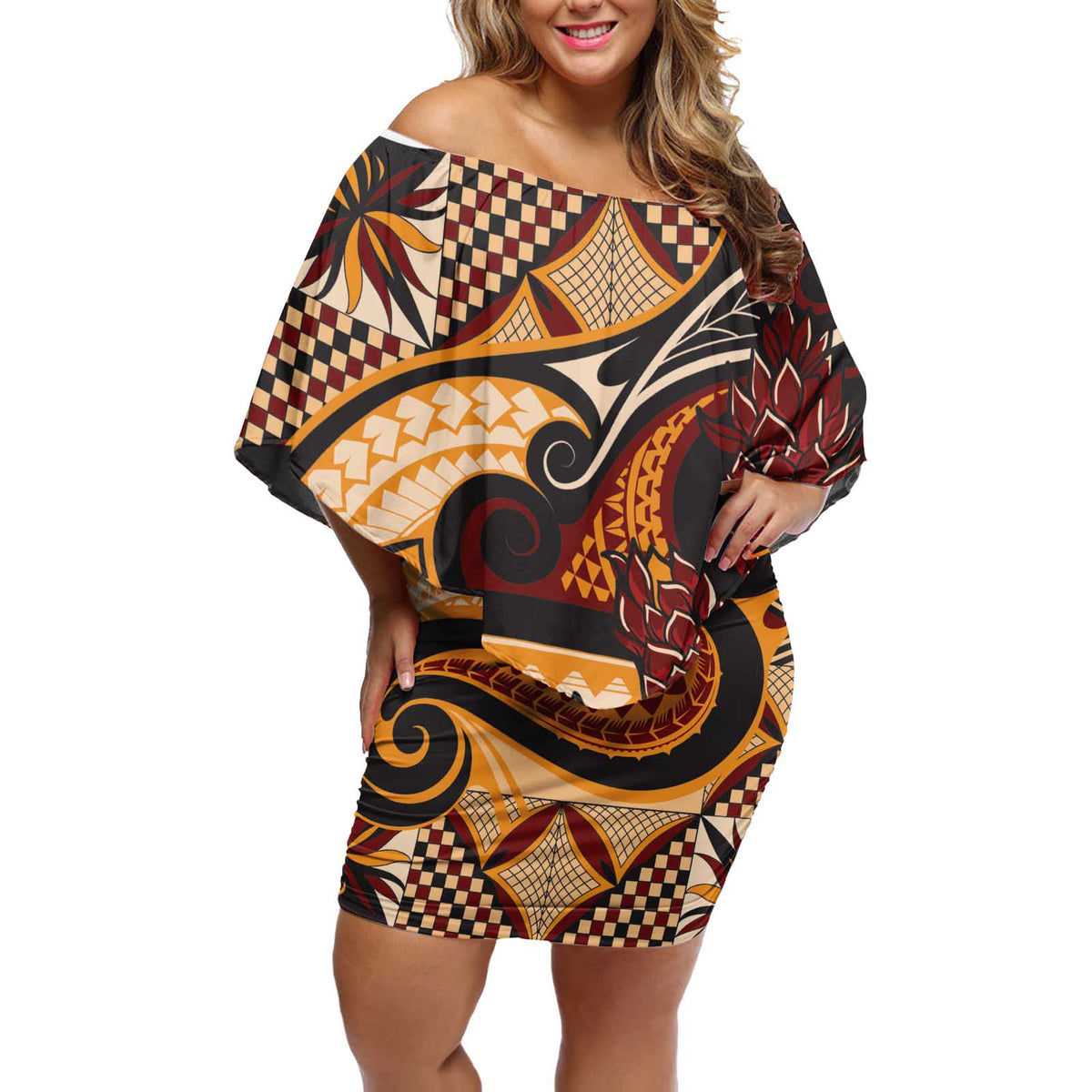 Vintage Samoa Siapo Off Shoulder Short Dress With Teuila Torch Ginger LT9 Women Art - Polynesian Pride