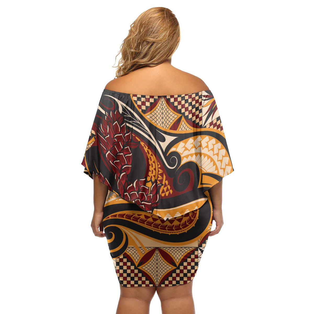 Vintage Samoa Siapo Off Shoulder Short Dress With Teuila Torch Ginger LT9 - Polynesian Pride