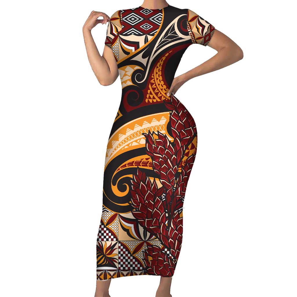 Vintage Samoa Siapo Short Sleeve Bodycon Dress With Teuila Torch Ginger LT9 Long Dress Art - Polynesian Pride