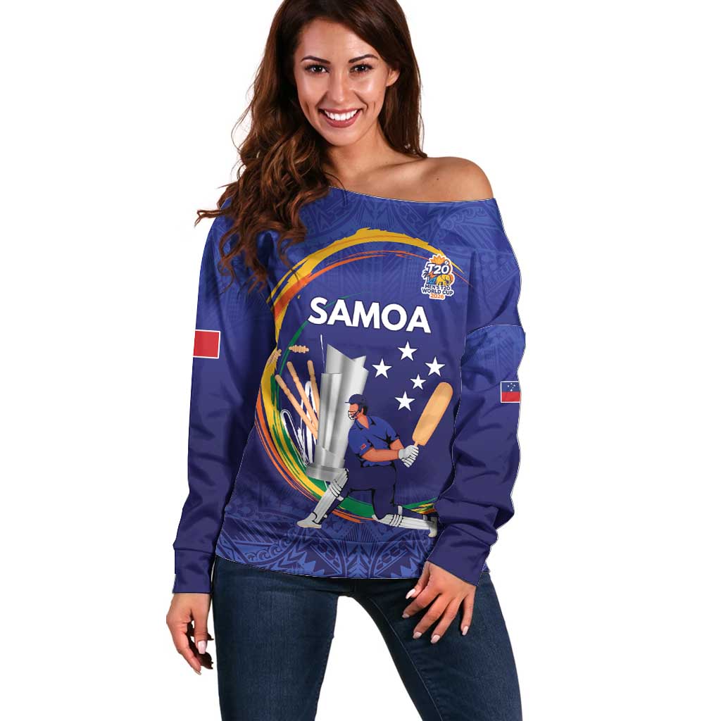 Custom Cricket Samoa East Asia-Pacific Off Shoulder Sweater Samoa Storming the Limits LT9 Women Blue - Polynesian Pride
