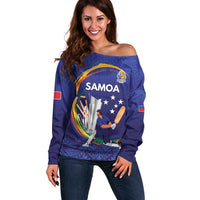 Custom Cricket Samoa East Asia-Pacific Off Shoulder Sweater Samoa Storming the Limits LT9 Women Blue - Polynesian Pride