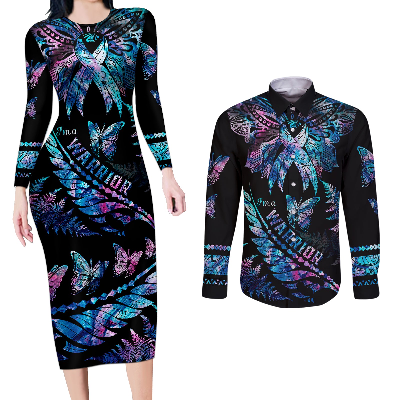 polynesia-ribbon-butterflies-couples-matching-long-sleeve-bodycon-dress-and-long-sleeve-button-shirts-silver-fern-breast-cancer-with-papua-shell-pattern