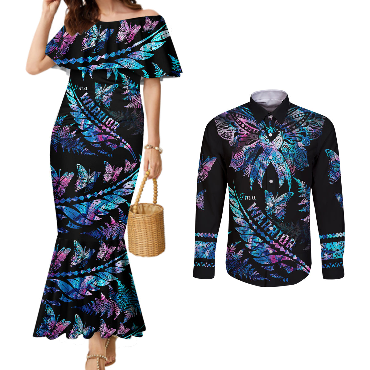 polynesia-ribbon-butterflies-couples-matching-mermaid-dress-and-long-sleeve-button-shirts-silver-fern-breast-cancer-with-papua-shell-pattern