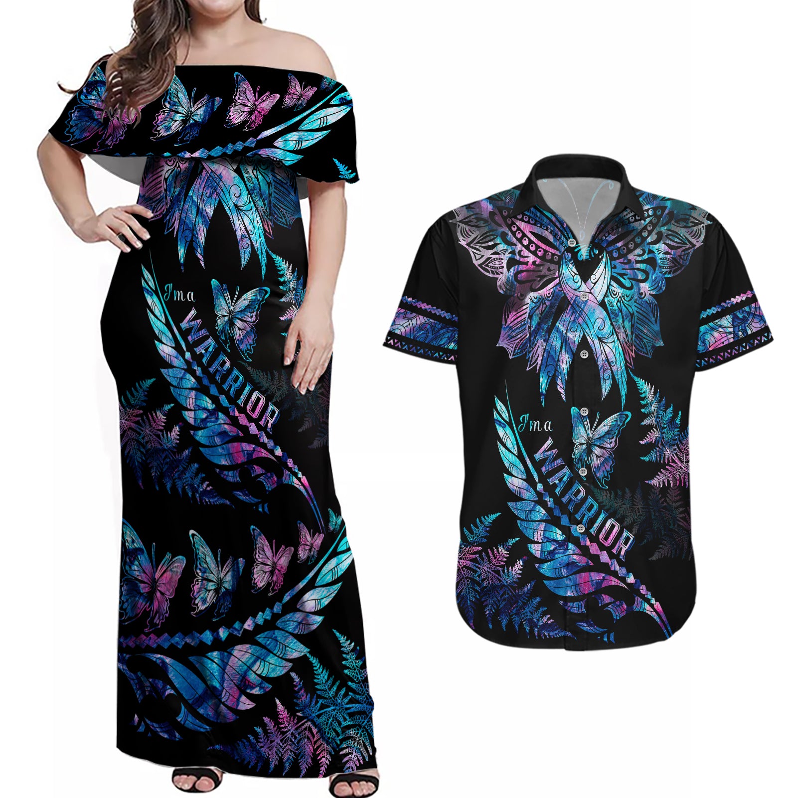 polynesia-ribbon-butterflies-couples-matching-off-shoulder-maxi-dress-and-hawaiian-shirt-silver-fern-breast-cancer-with-papua-shell-pattern