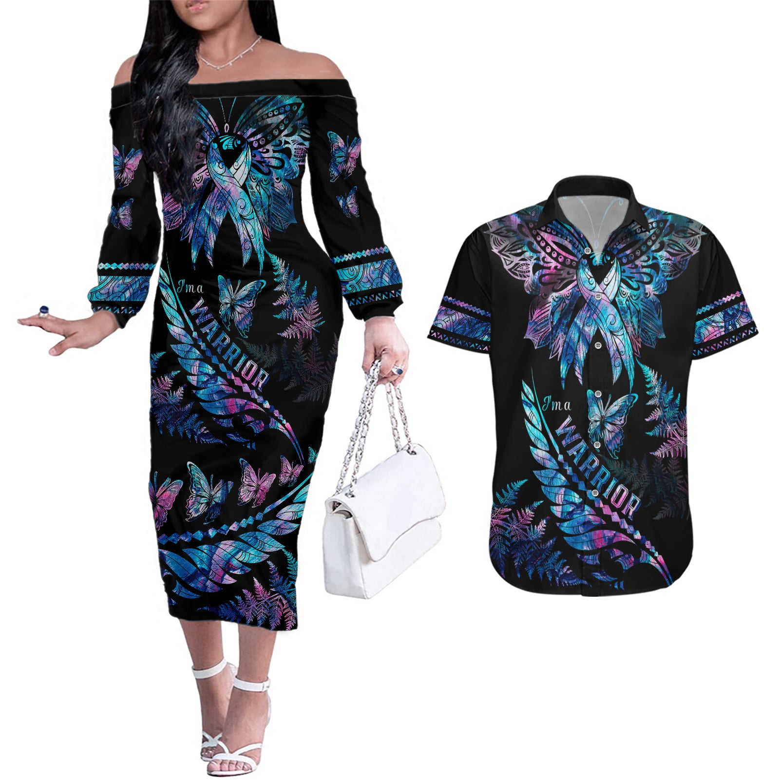 polynesia-ribbon-butterflies-couples-matching-off-the-shoulder-long-sleeve-dress-and-hawaiian-shirt-silver-fern-breast-cancer-with-papua-shell-pattern