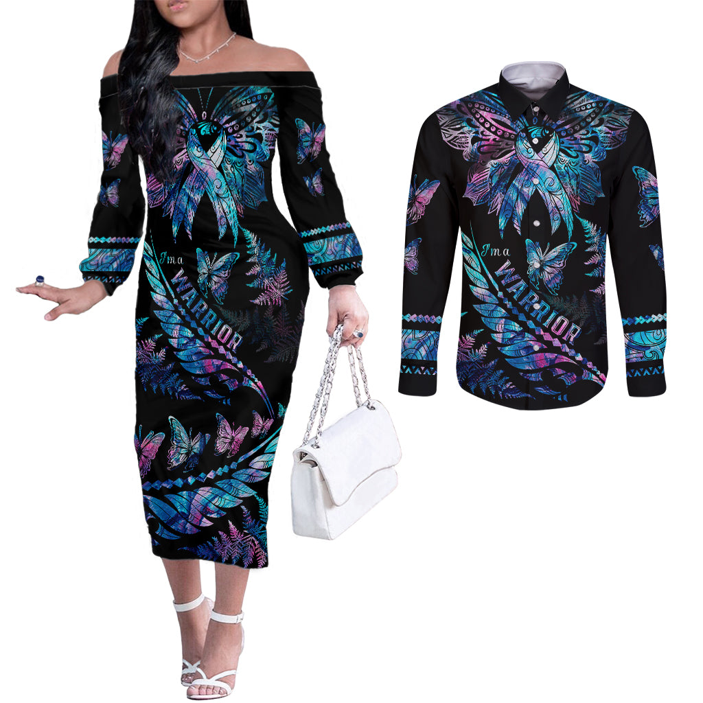 polynesia-ribbon-butterflies-couples-matching-off-the-shoulder-long-sleeve-dress-and-long-sleeve-button-shirts-silver-fern-breast-cancer-with-papua-shell-pattern