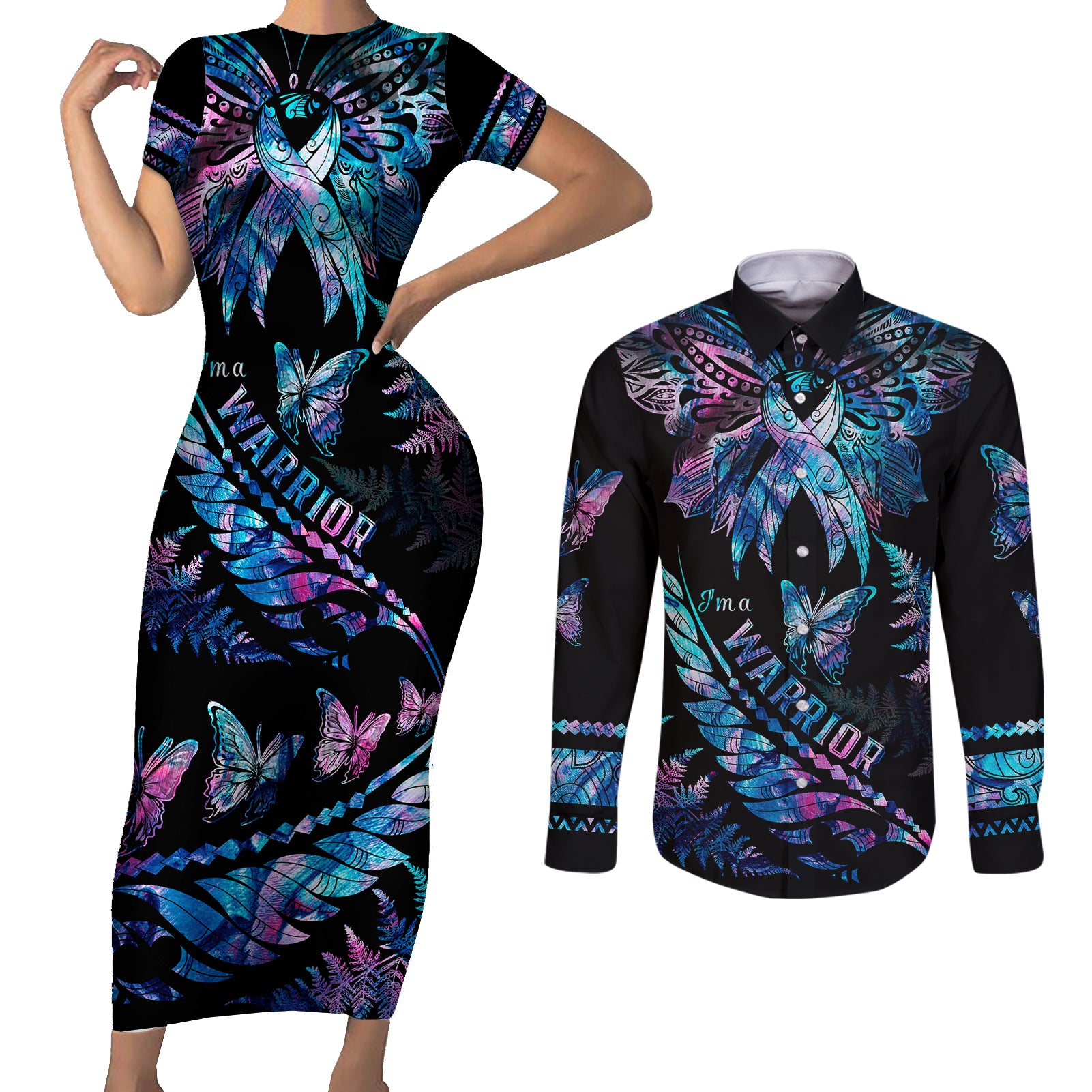 polynesia-ribbon-butterflies-couples-matching-short-sleeve-bodycon-dress-and-long-sleeve-button-shirts-silver-fern-breast-cancer-with-papua-shell-pattern