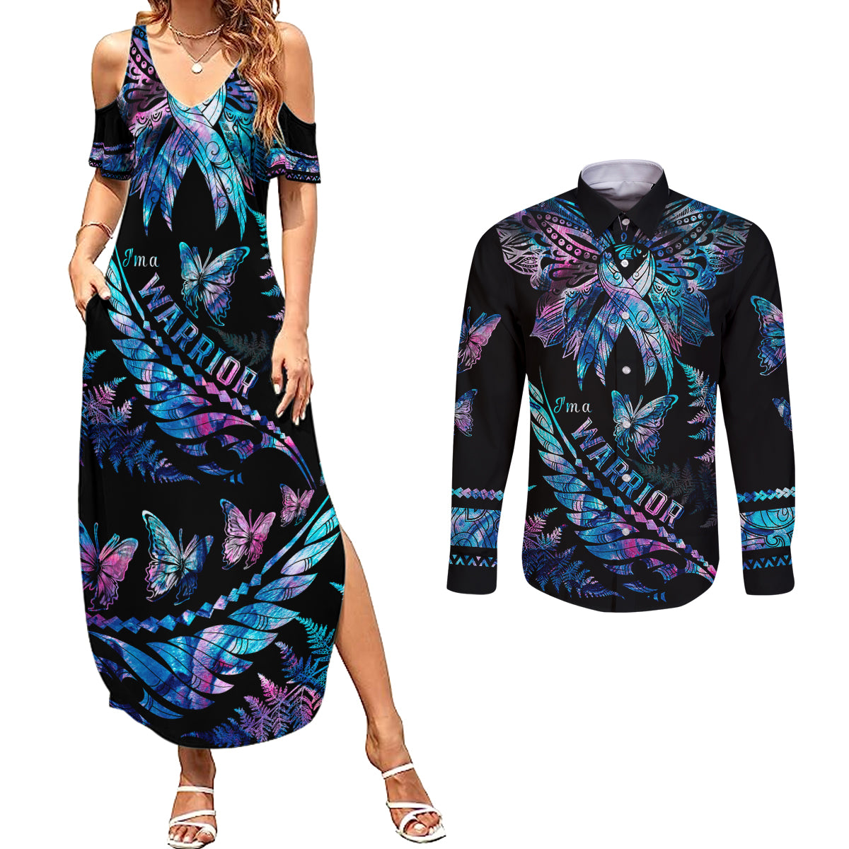 polynesia-ribbon-butterflies-couples-matching-summer-maxi-dress-and-long-sleeve-button-shirts-silver-fern-breast-cancer-with-papua-shell-pattern