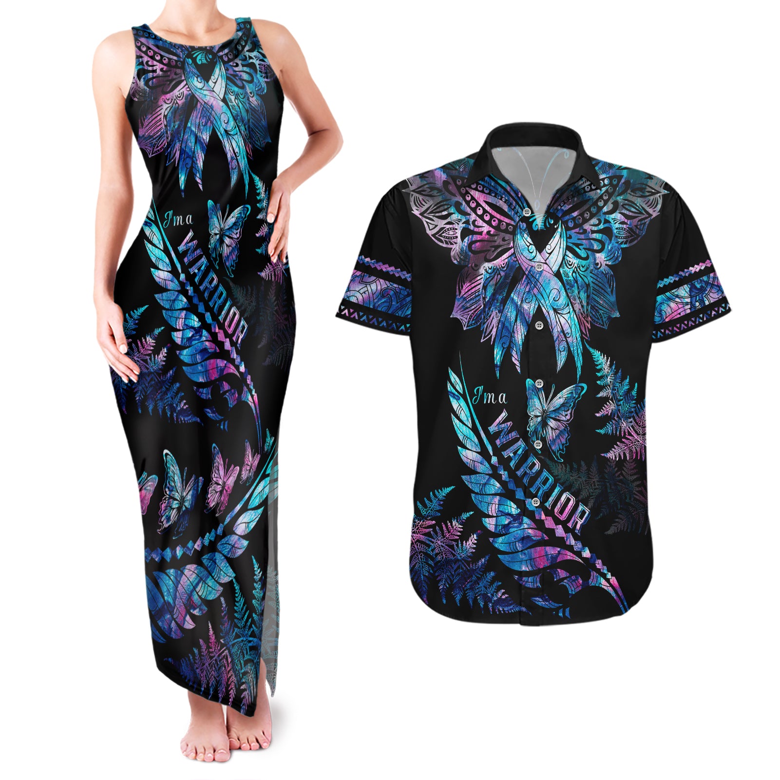 polynesia-ribbon-butterflies-couples-matching-tank-maxi-dress-and-hawaiian-shirt-silver-fern-breast-cancer-with-papua-shell-pattern