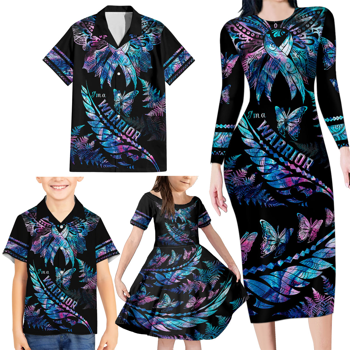 polynesia-ribbon-butterflies-family-matching-long-sleeve-bodycon-dress-and-hawaiian-shirt-silver-fern-breast-cancer-with-papua-shell-pattern