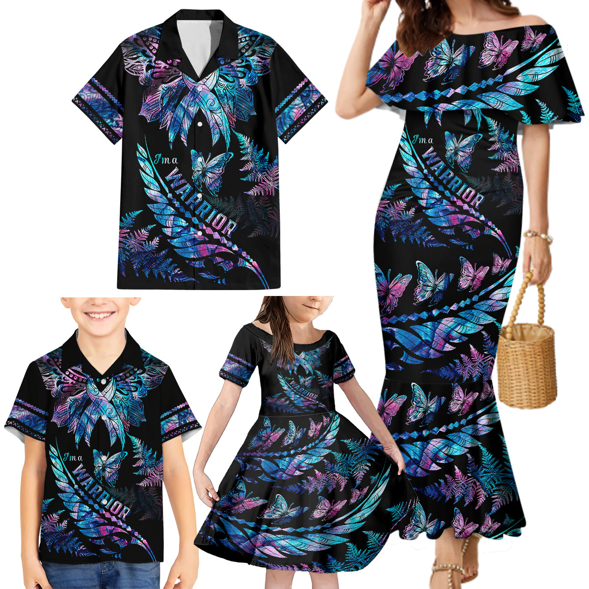 polynesia-ribbon-butterflies-family-matching-mermaid-dress-and-hawaiian-shirt-silver-fern-breast-cancer-with-papua-shell-pattern