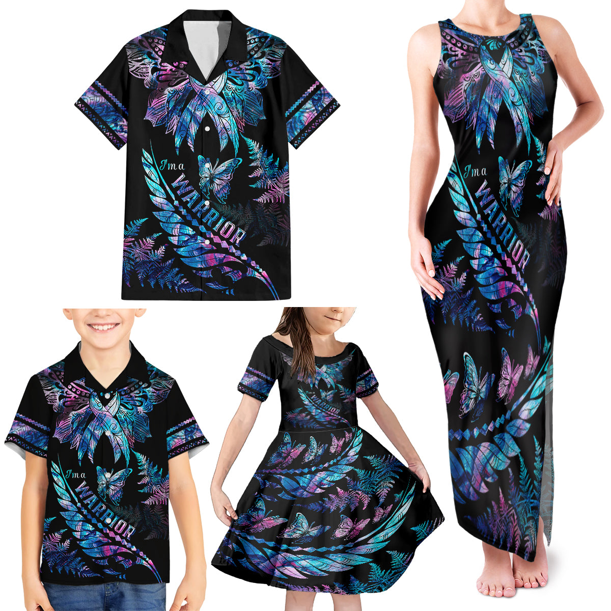 polynesia-ribbon-butterflies-family-matching-tank-maxi-dress-and-hawaiian-shirt-silver-fern-breast-cancer-with-papua-shell-pattern