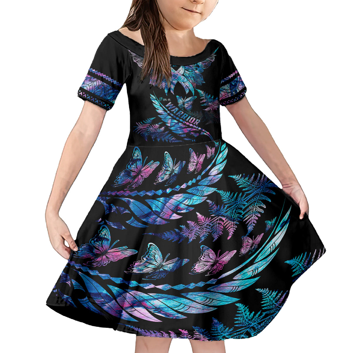 Polynesia Ribbon Butterflies Kid Short Sleeve Dress Silver Fern Breast Cancer With Papua Shell Pattern LT9 KID Black - Polynesian Pride