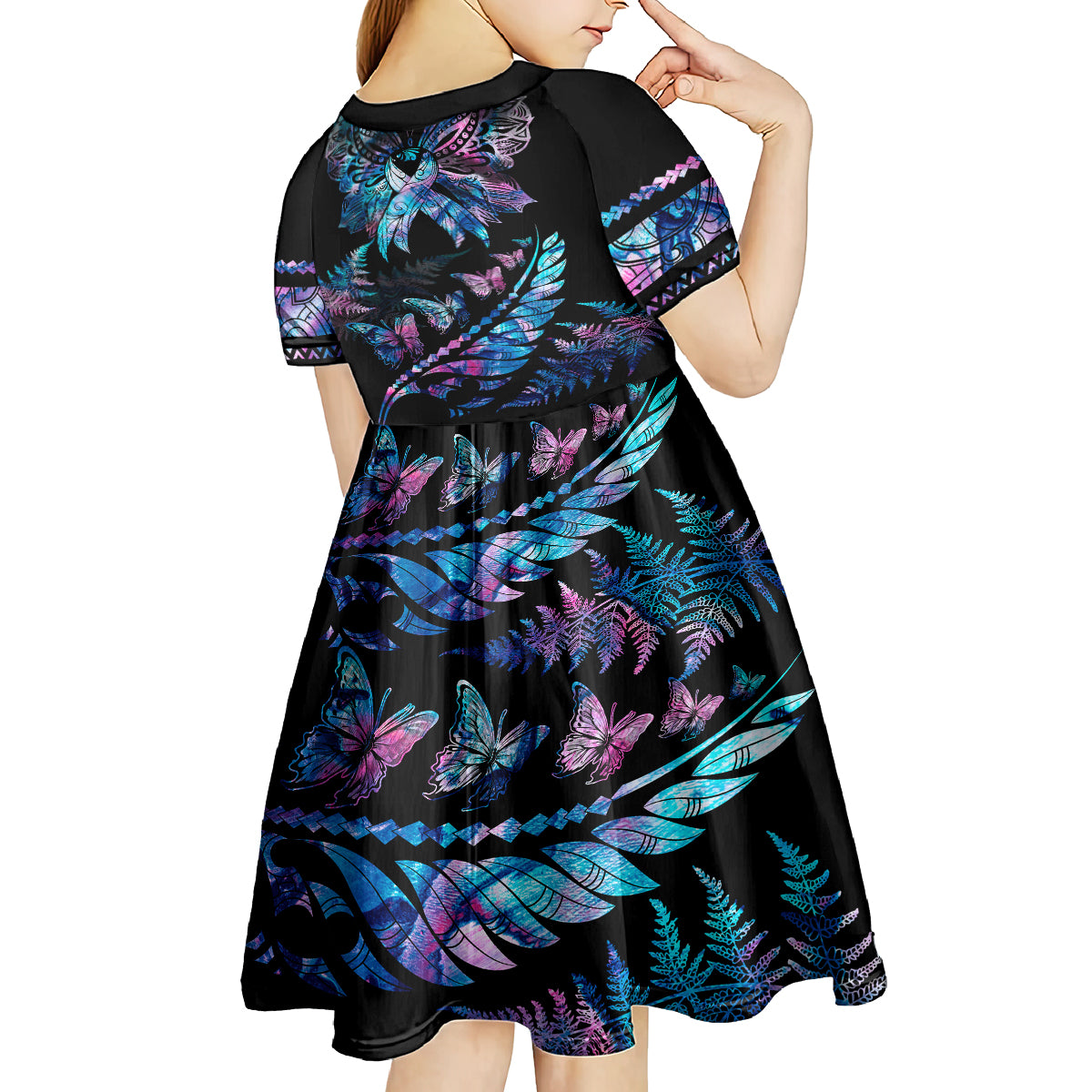 Polynesia Ribbon Butterflies Kid Short Sleeve Dress Silver Fern Breast Cancer With Papua Shell Pattern LT9 - Polynesian Pride