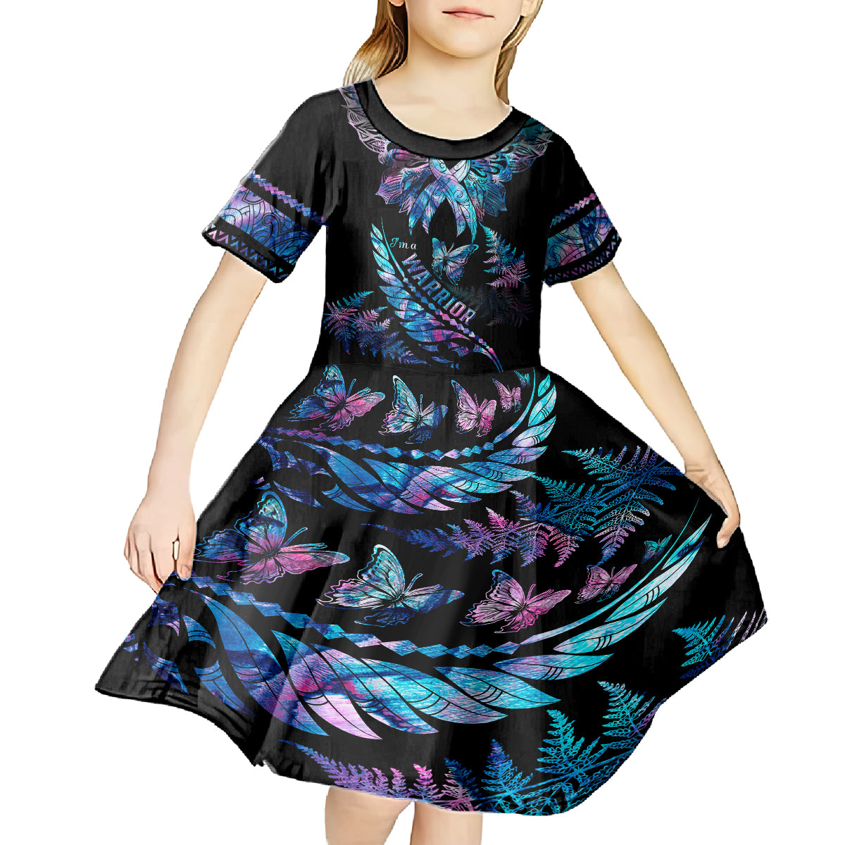 Polynesia Ribbon Butterflies Kid Short Sleeve Dress Silver Fern Breast Cancer With Papua Shell Pattern LT9 - Polynesian Pride