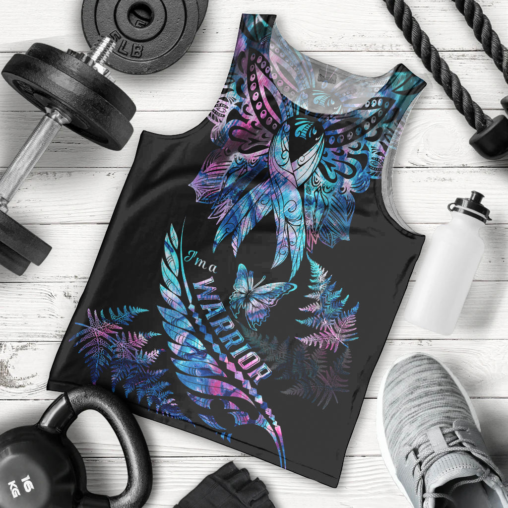 Polynesia Ribbon Butterflies Men Tank Top Silver Fern Breast Cancer With Papua Shell Pattern LT9 Black - Polynesian Pride