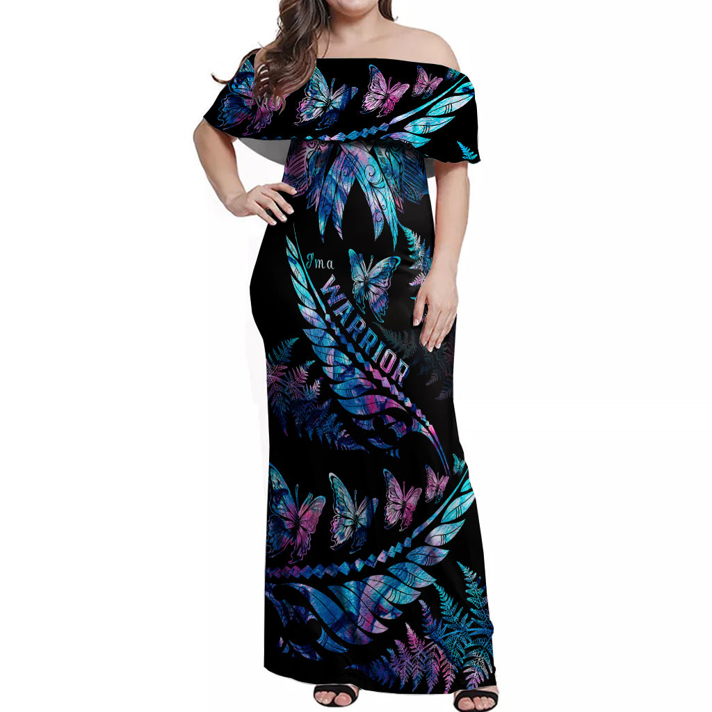 polynesia-ribbon-butterflies-off-shoulder-maxi-dress-silver-fern-breast-cancer-with-papua-shell-pattern