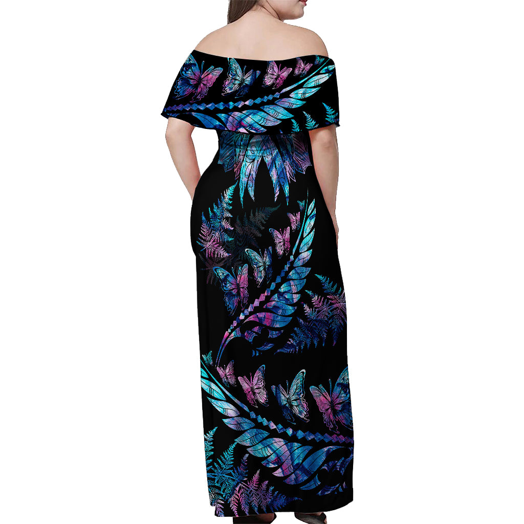 Polynesia Ribbon Butterflies Off Shoulder Maxi Dress Silver Fern Breast Cancer With Papua Shell Pattern LT9 - Polynesian Pride