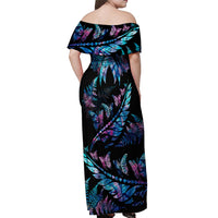 Polynesia Ribbon Butterflies Off Shoulder Maxi Dress Silver Fern Breast Cancer With Papua Shell Pattern LT9 - Polynesian Pride