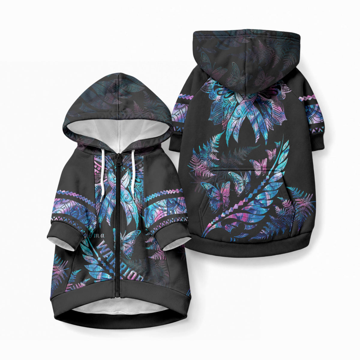 Polynesia Ribbon Butterflies Pet Hoodie Silver Fern Breast Cancer With Papua Shell Pattern LT9 Zip-up Black - Polynesian Pride