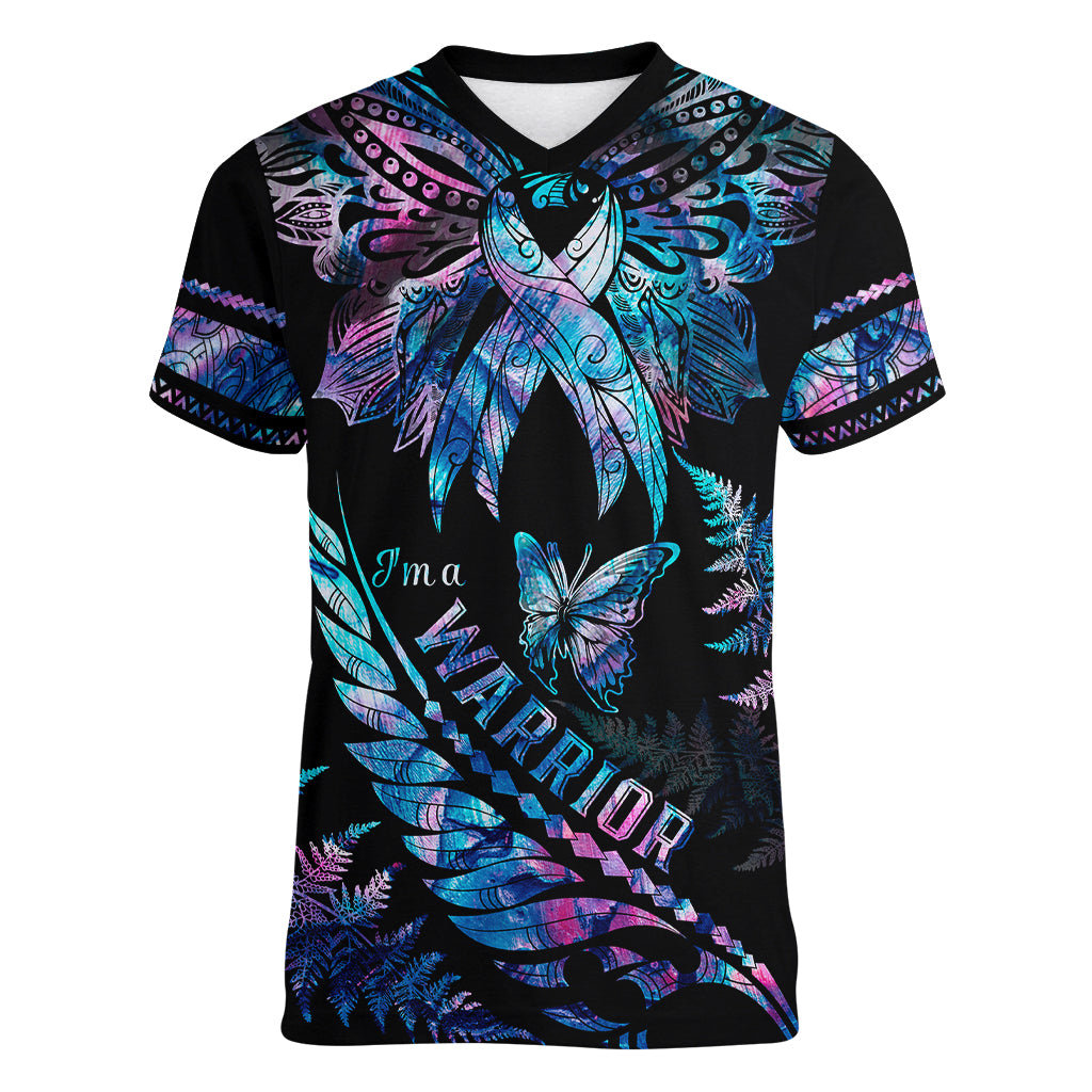 polynesia-ribbon-butterflies-women-v-neck-t-shirt-silver-fern-breast-cancer-with-papua-shell-pattern