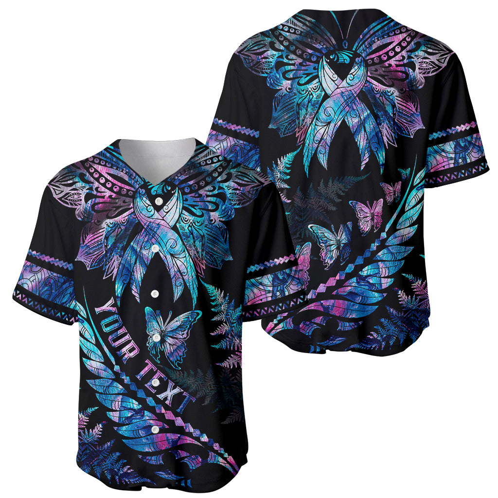 Personalised Polynesia Ribbon Butterflies Baseball Jersey Silver Fern Breast Cancer With Papua Shell Pattern LT9 - Polynesian Pride