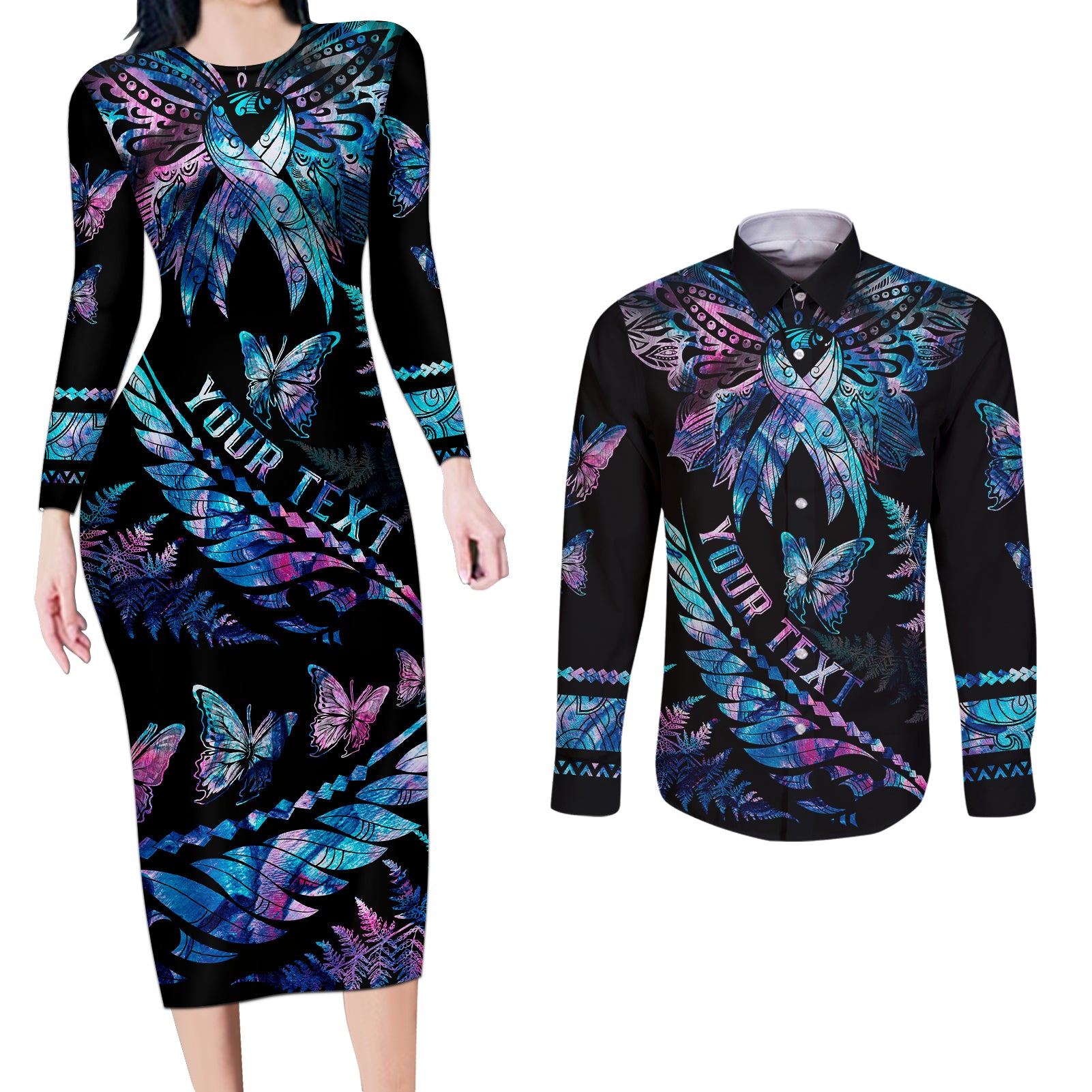 personalised-polynesia-ribbon-butterflies-couples-matching-long-sleeve-bodycon-dress-and-long-sleeve-button-shirts-silver-fern-breast-cancer-with-papua-shell-pattern