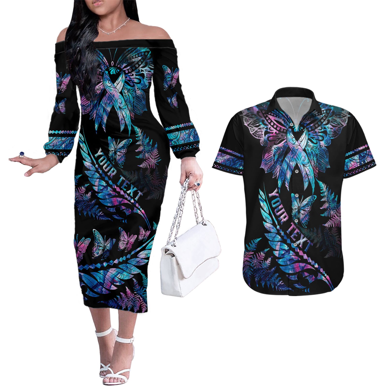 personalised-polynesia-ribbon-butterflies-couples-matching-off-the-shoulder-long-sleeve-dress-and-hawaiian-shirt-silver-fern-breast-cancer-with-papua-shell-pattern