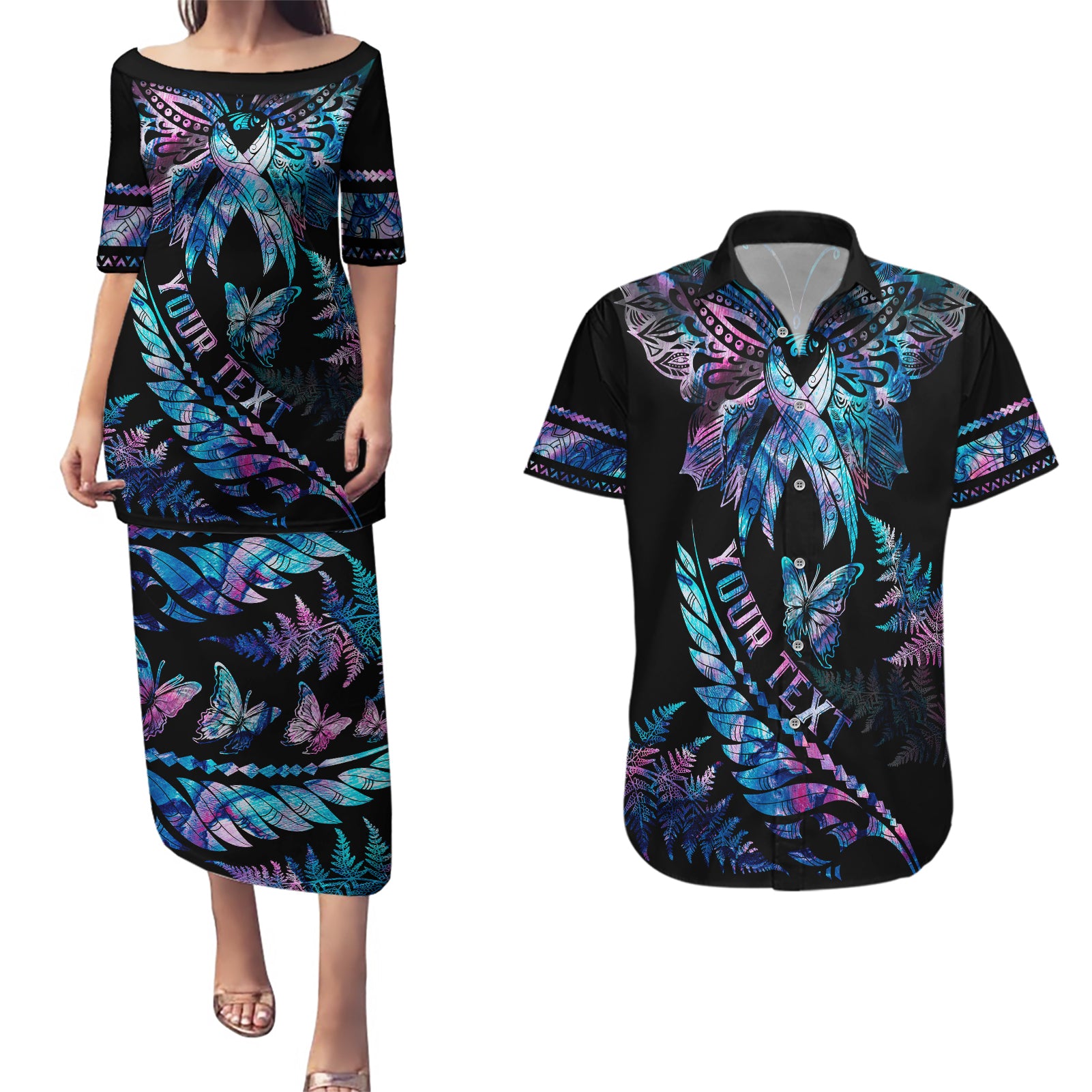 personalised-polynesia-ribbon-butterflies-couples-matching-puletasi-dress-and-hawaiian-shirt-silver-fern-breast-cancer-with-papua-shell-pattern