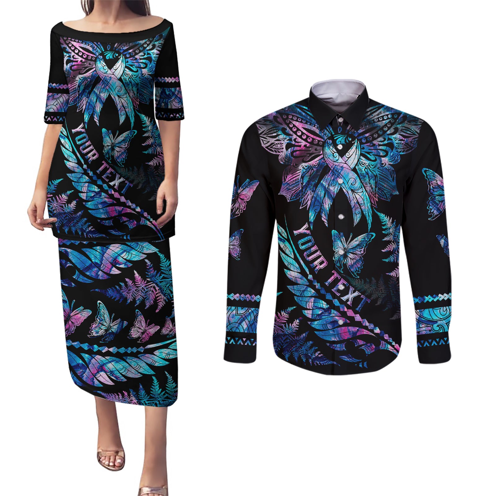 personalised-polynesia-ribbon-butterflies-couples-matching-puletasi-dress-and-long-sleeve-button-shirts-silver-fern-breast-cancer-with-papua-shell-pattern