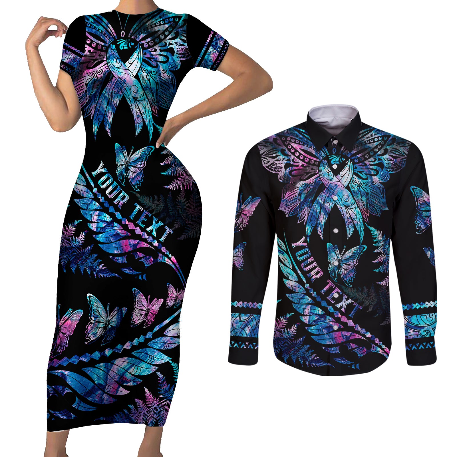 personalised-polynesia-ribbon-butterflies-couples-matching-short-sleeve-bodycon-dress-and-long-sleeve-button-shirts-silver-fern-breast-cancer-with-papua-shell-pattern