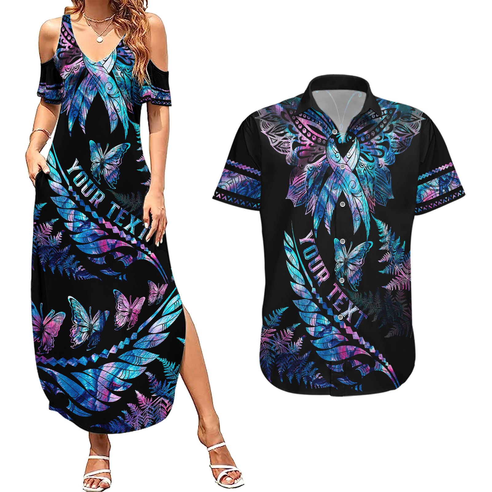 personalised-polynesia-ribbon-butterflies-couples-matching-summer-maxi-dress-and-hawaiian-shirt-silver-fern-breast-cancer-with-papua-shell-pattern