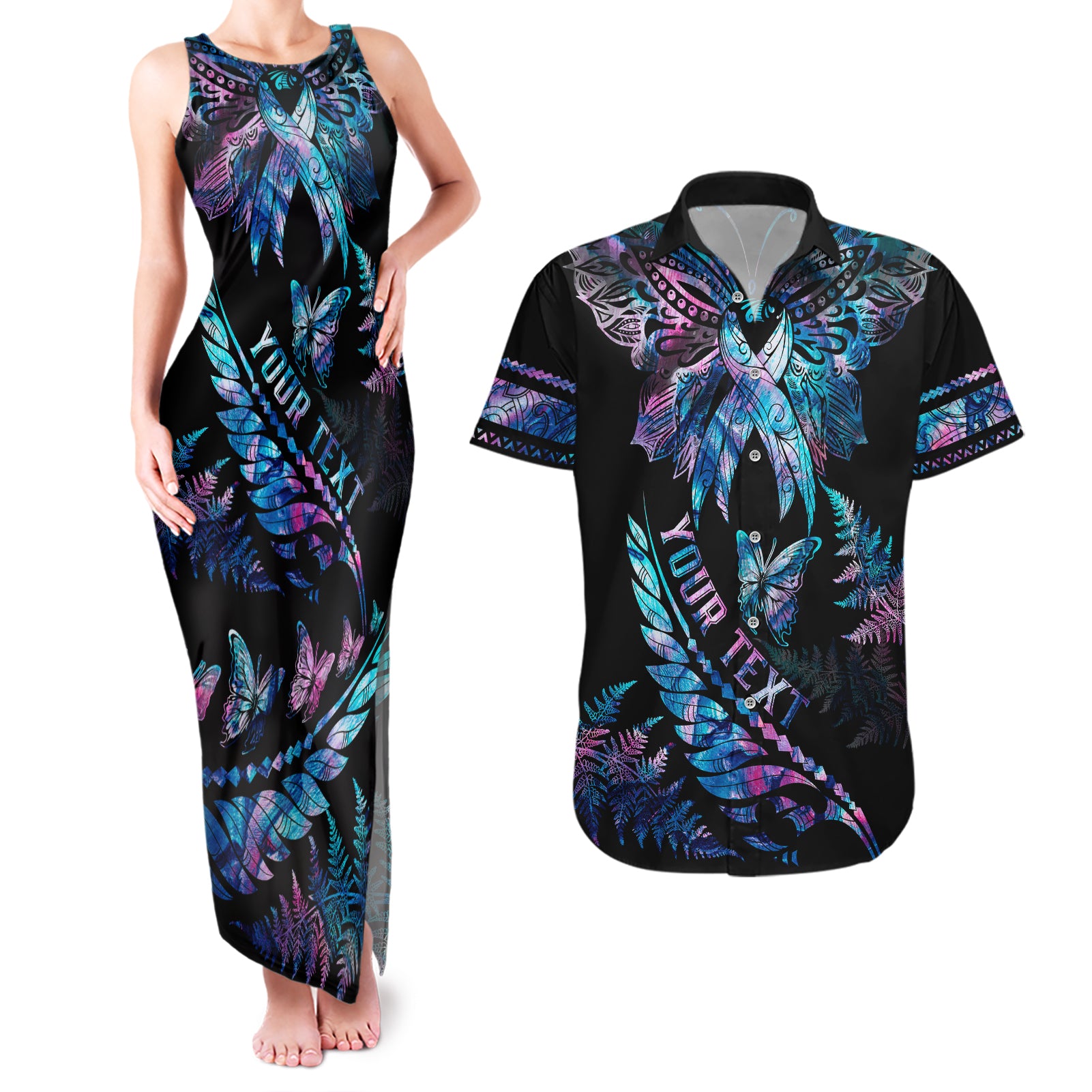 personalised-polynesia-ribbon-butterflies-couples-matching-tank-maxi-dress-and-hawaiian-shirt-silver-fern-breast-cancer-with-papua-shell-pattern