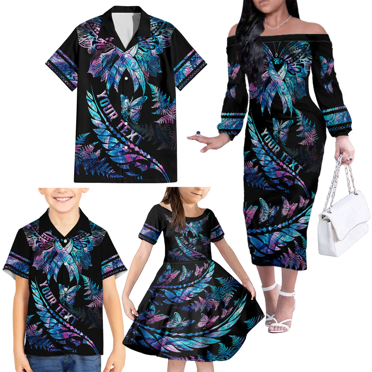 personalised-polynesia-ribbon-butterflies-family-matching-off-shoulder-long-sleeve-dress-and-hawaiian-shirt-silver-fern-breast-cancer-with-papua-shell-pattern