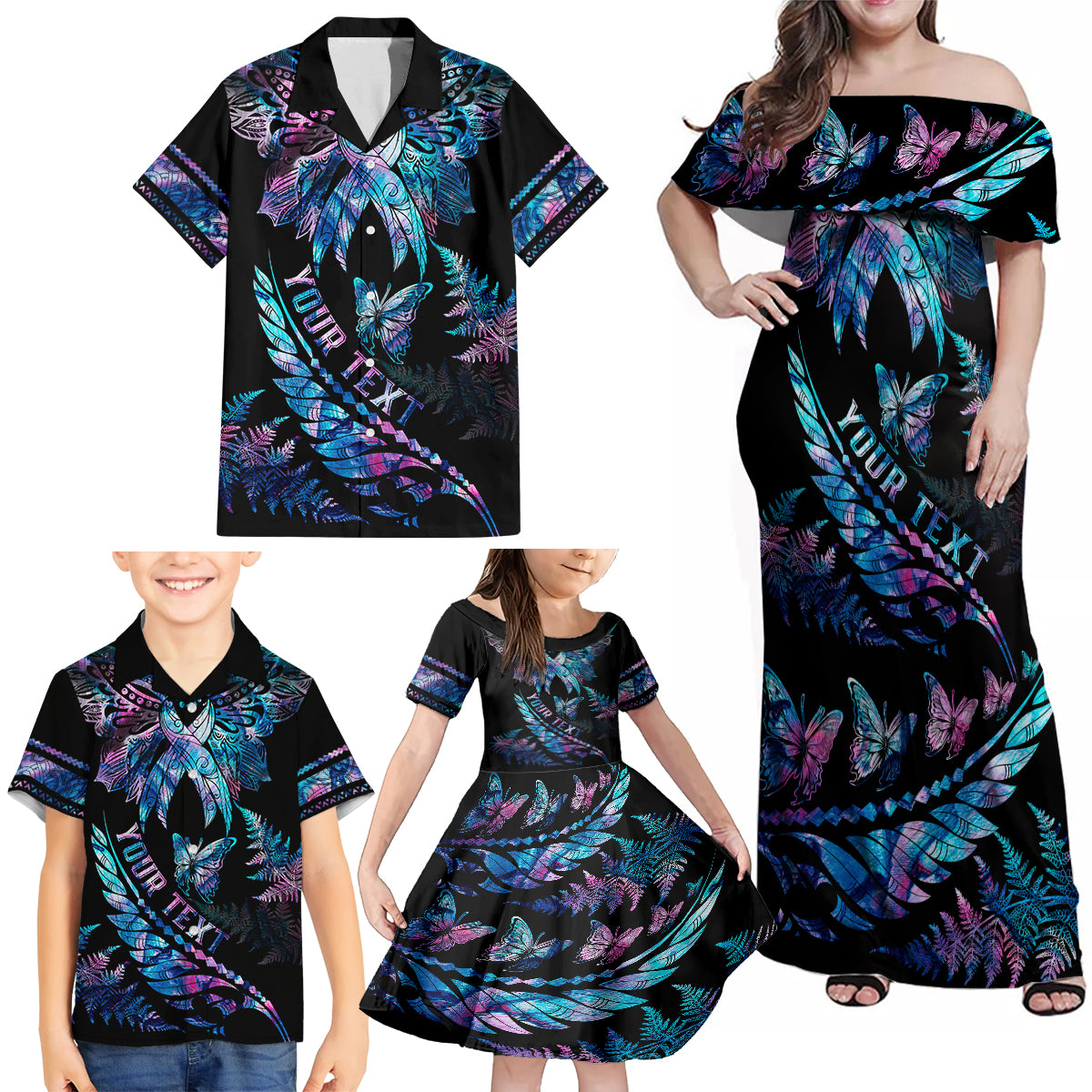 personalised-polynesia-ribbon-butterflies-family-matching-off-shoulder-maxi-dress-and-hawaiian-shirt-silver-fern-breast-cancer-with-papua-shell-pattern