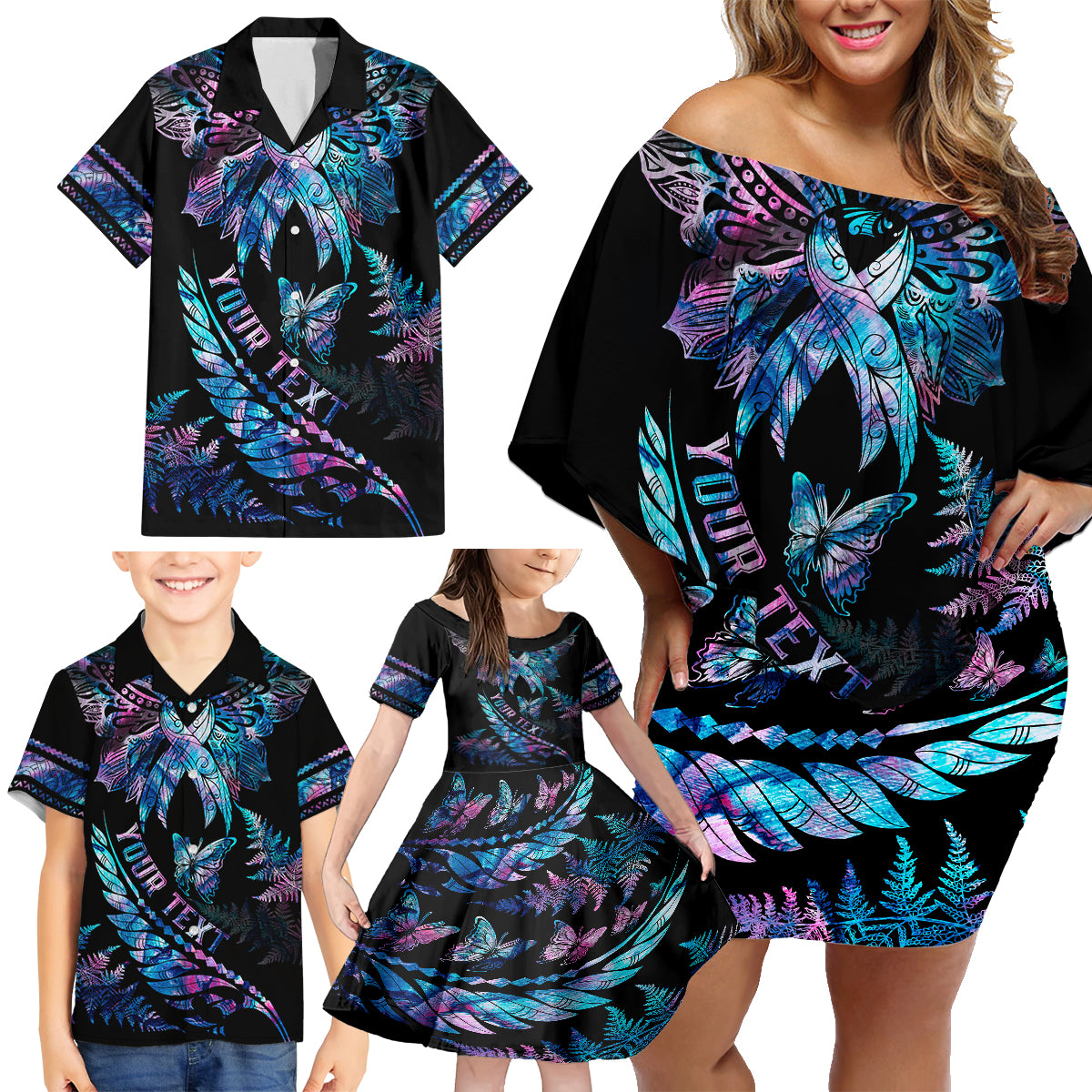 personalised-polynesia-ribbon-butterflies-family-matching-off-shoulder-short-dress-and-hawaiian-shirt-silver-fern-breast-cancer-with-papua-shell-pattern