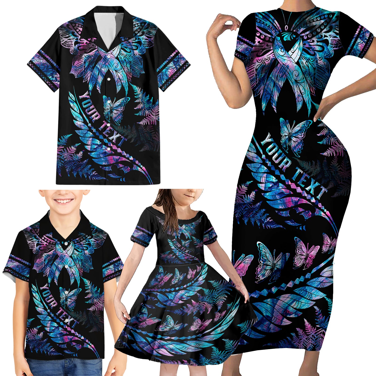 personalised-polynesia-ribbon-butterflies-family-matching-short-sleeve-bodycon-dress-and-hawaiian-shirt-silver-fern-breast-cancer-with-papua-shell-pattern