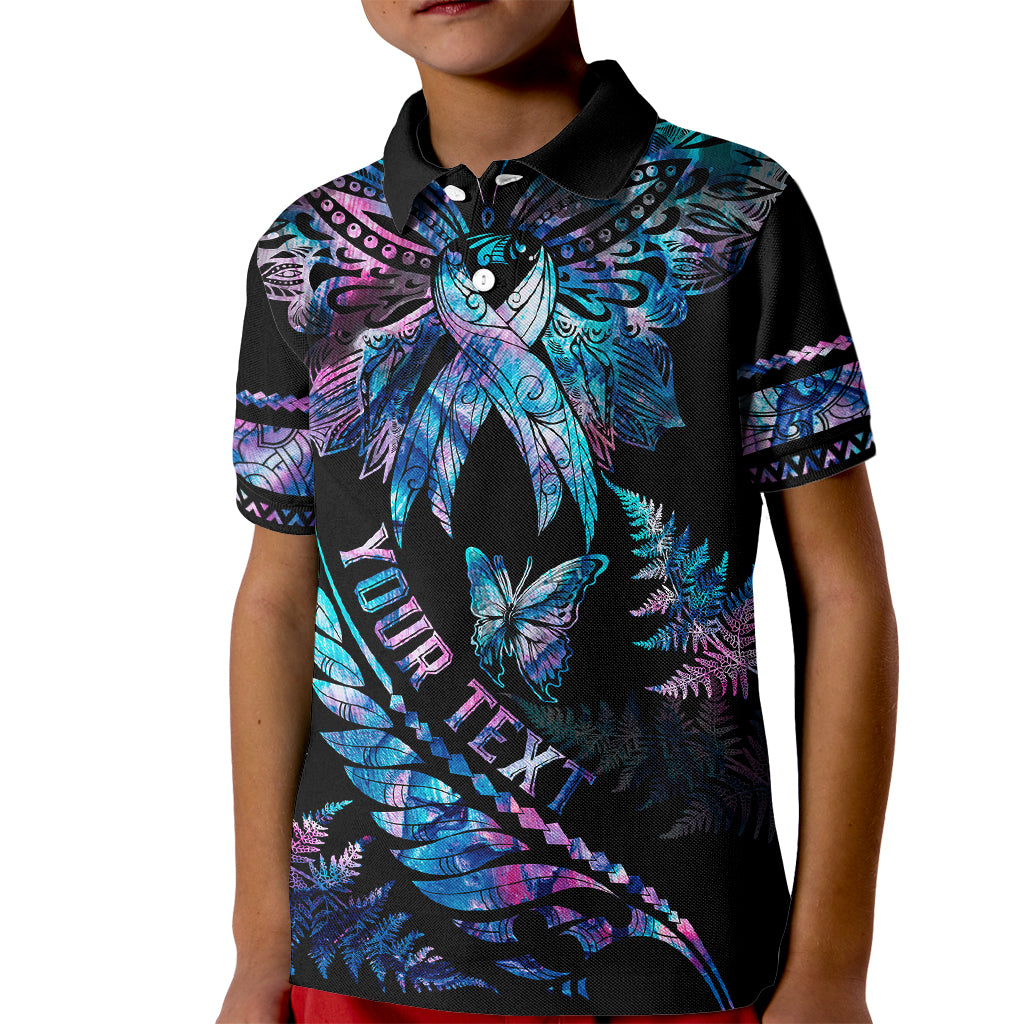 Personalised Polynesia Ribbon Butterflies Kid Polo Shirt Silver Fern Breast Cancer With Papua Shell Pattern LT9 Kid Black - Polynesian Pride