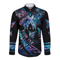 Personalised Polynesia Ribbon Butterflies Long Sleeve Button Shirt Silver Fern Breast Cancer With Papua Shell Pattern LT9 Unisex Black - Polynesian Pride