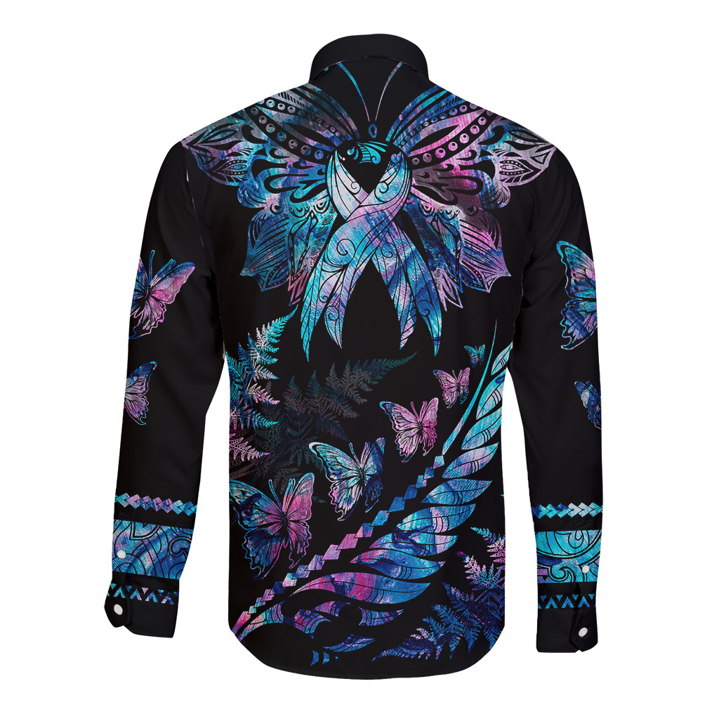 Personalised Polynesia Ribbon Butterflies Long Sleeve Button Shirt Silver Fern Breast Cancer With Papua Shell Pattern LT9 - Polynesian Pride