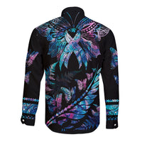 Personalised Polynesia Ribbon Butterflies Long Sleeve Button Shirt Silver Fern Breast Cancer With Papua Shell Pattern LT9 - Polynesian Pride
