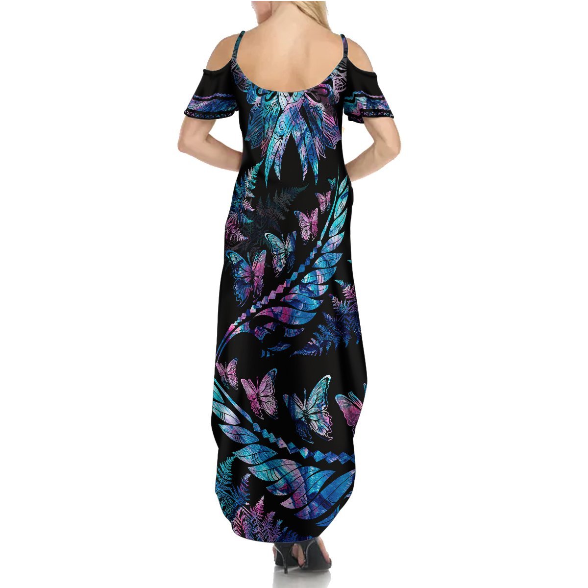 Personalised Polynesia Ribbon Butterflies Summer Maxi Dress Silver Fern Breast Cancer With Papua Shell Pattern LT9 - Polynesian Pride