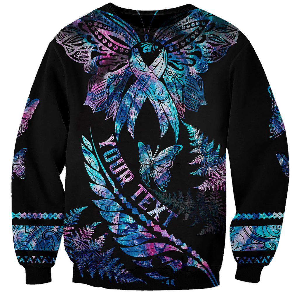 Personalised Polynesia Ribbon Butterflies Sweatshirt Silver Fern Breast Cancer With Papua Shell Pattern LT9 Unisex Black - Polynesian Pride