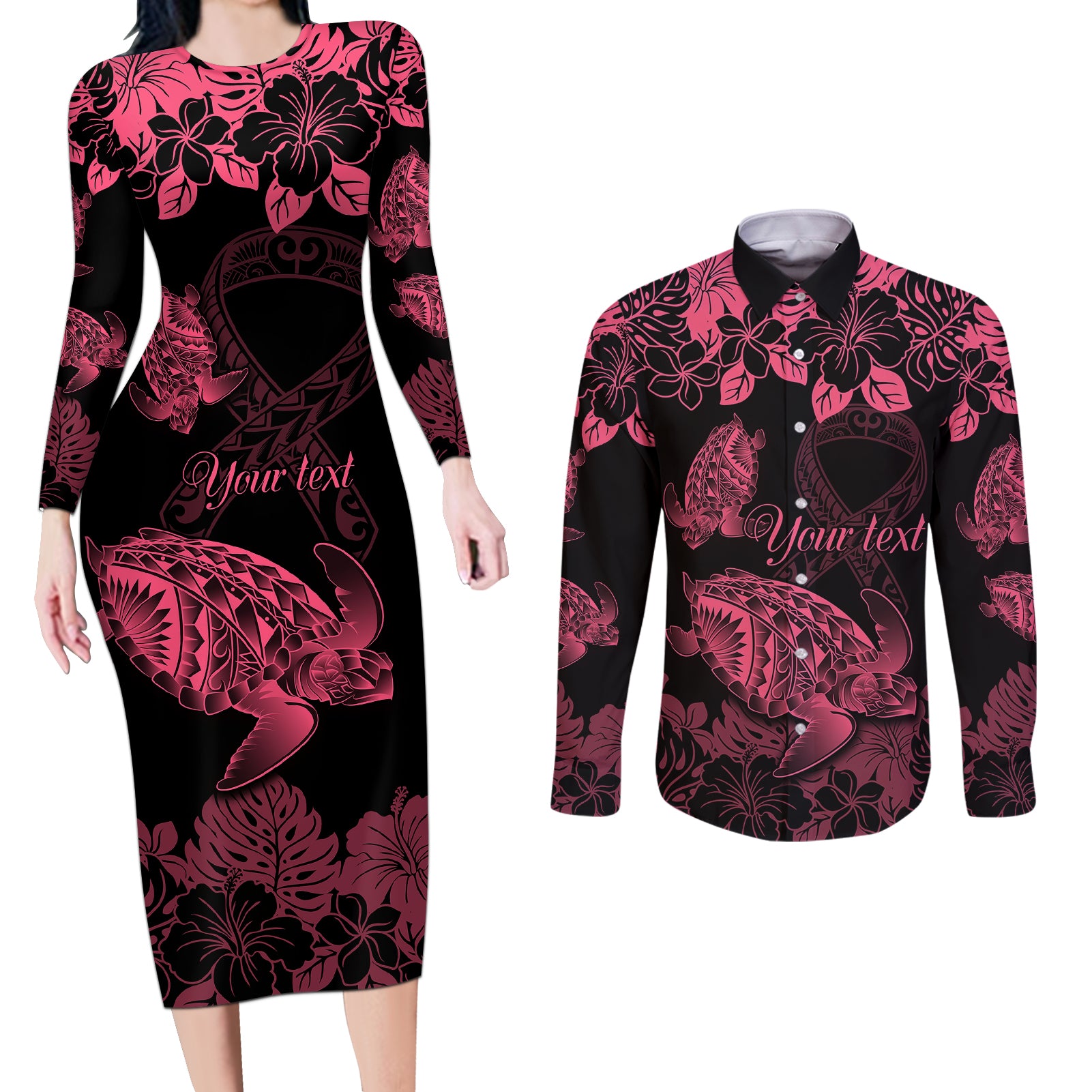 personalised-polynesian-turtle-ribbon-couples-matching-long-sleeve-bodycon-dress-and-long-sleeve-button-shirts-think-pink-breast-cancer-with-pacific-hibiscus