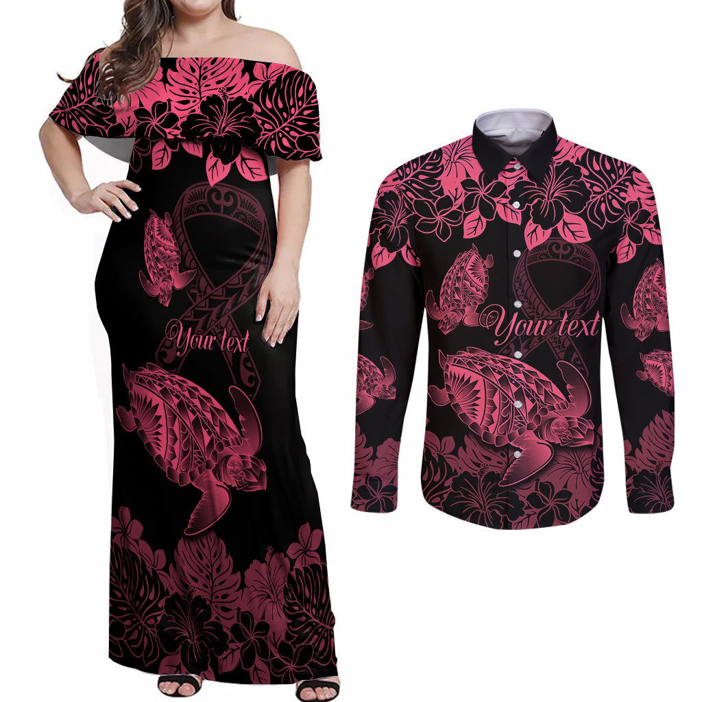 personalised-polynesian-turtle-ribbon-couples-matching-off-shoulder-maxi-dress-and-long-sleeve-button-shirts-think-pink-breast-cancer-with-pacific-hibiscus