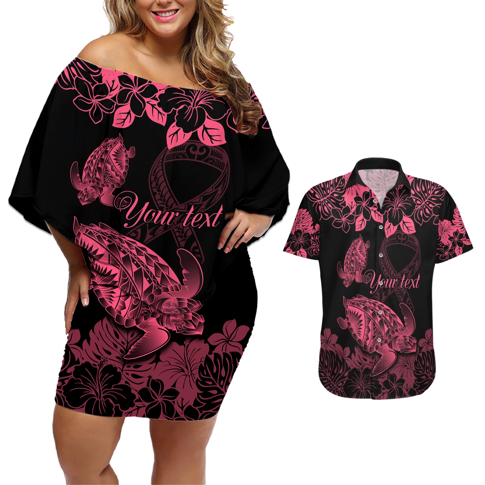 personalised-polynesian-turtle-ribbon-couples-matching-off-shoulder-short-dress-and-hawaiian-shirt-think-pink-breast-cancer-with-pacific-hibiscus