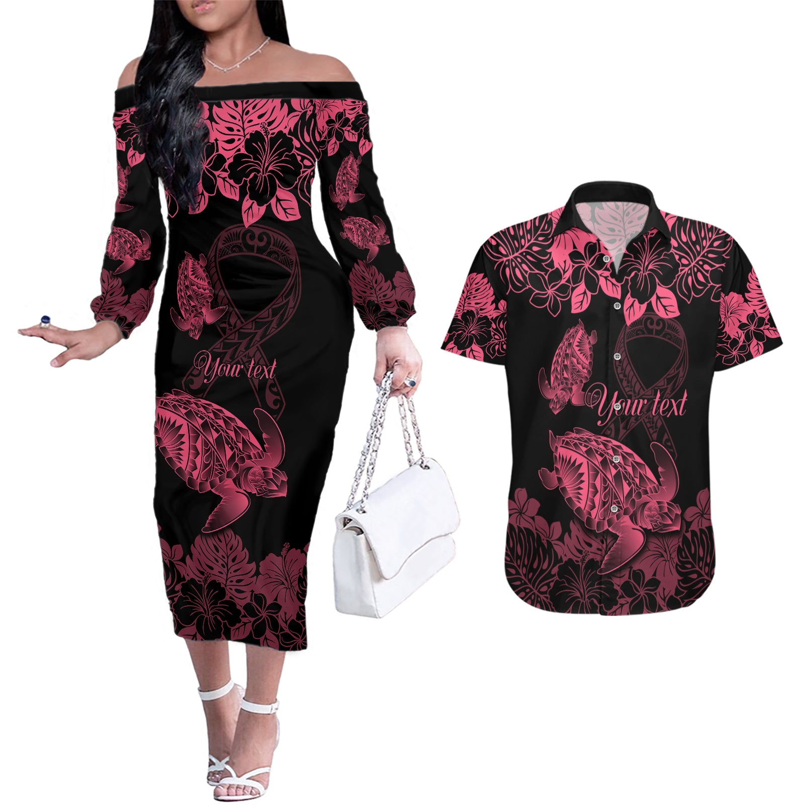 personalised-polynesian-turtle-ribbon-couples-matching-off-the-shoulder-long-sleeve-dress-and-hawaiian-shirt-think-pink-breast-cancer-with-pacific-hibiscus