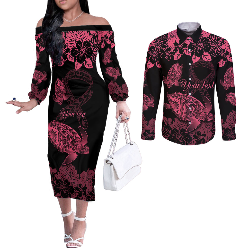 personalised-polynesian-turtle-ribbon-couples-matching-off-the-shoulder-long-sleeve-dress-and-long-sleeve-button-shirts-think-pink-breast-cancer-with-pacific-hibiscus