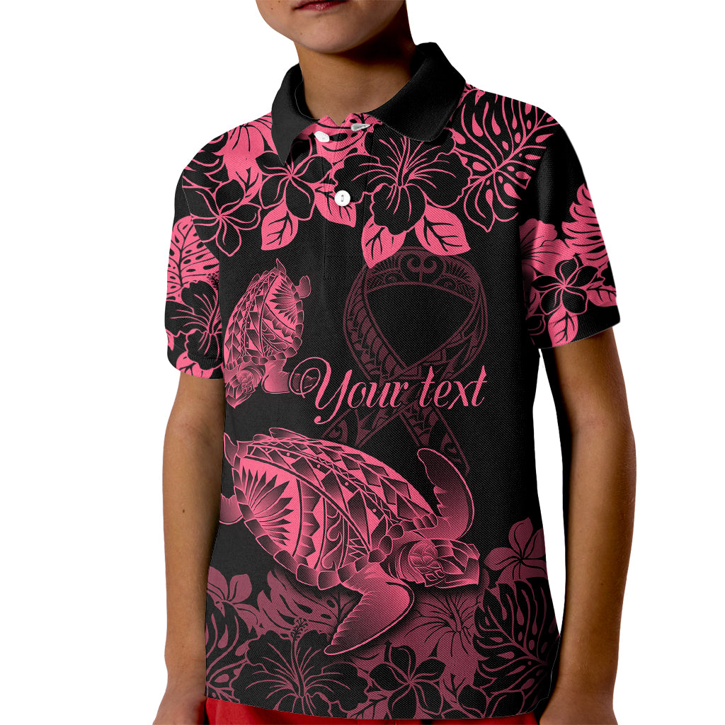 Personalised Polynesian Turtle Ribbon Kid Polo Shirt Think Pink Breast Cancer With Pacific Hibiscus LT9 Kid Pink - Polynesian Pride