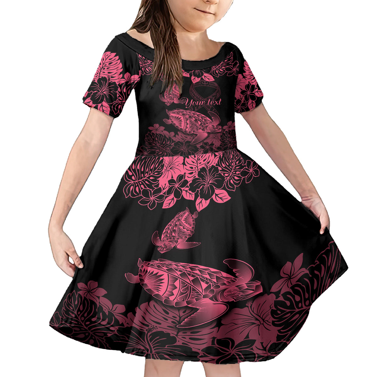 personalised-polynesian-turtle-ribbon-kid-short-sleeve-dress-think-pink-breast-cancer-with-pacific-hibiscus